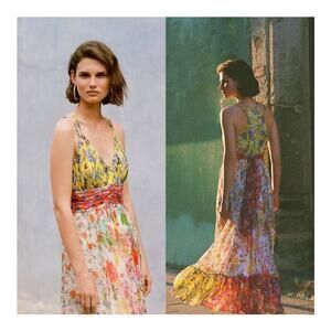 Anthropologie Malibu Maxi Dress 8 Patchwork Floral Boho Flounce Sheer Indie